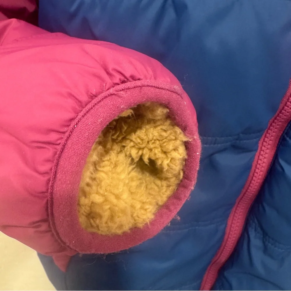 Eddie Bauer Puffer Jacket Girls 10/12 Pink Blue Hooded Winter Snow Warm Fleece